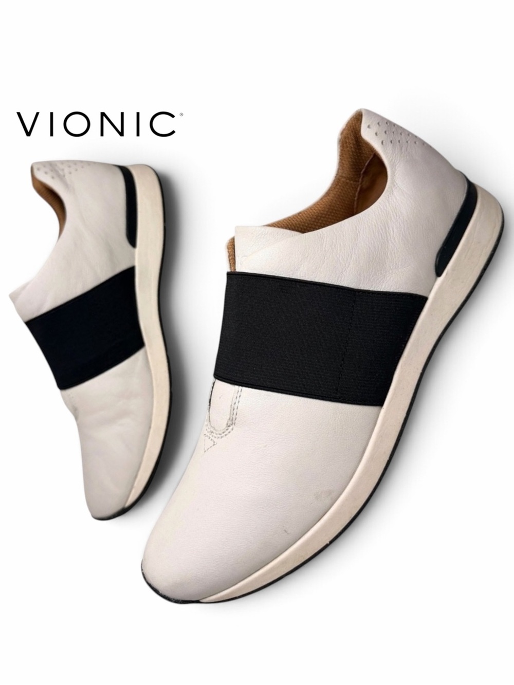 Vionic Codie Leather Slip On Comfort Sneakers White Black Womens 9